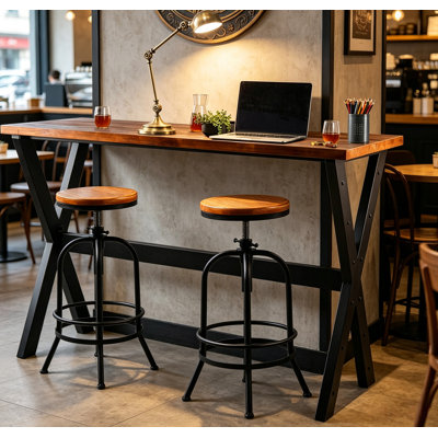 3-Piece Table & Chairs Set,  Bar Dining Cafe Pub Party, Industrial Black Metal & Rustic Brown Wood, X-Leg Rectangular Table, 2 Swivel Adjustable Barstools