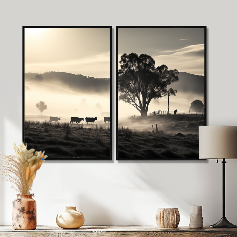 Bovin brumeux, art mural sur toile, H 36 po x l 48 po, Impression encadrée flottante, Noir