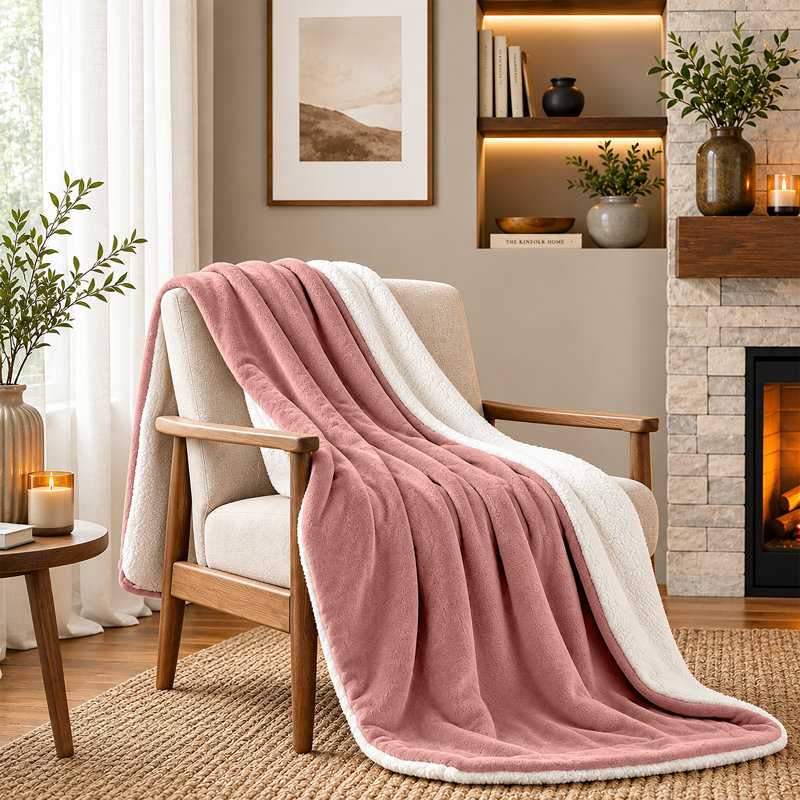 Sherpa Fleece Fur Thick Reversible Blanket Throw, Pink, 150cm x 200cm
