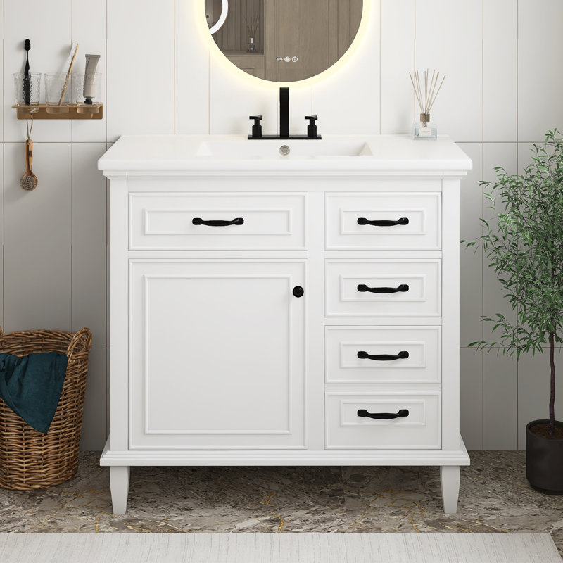 Meuble-lavabo de 36 po en MDF blanc avec comptoir en céramique, 2 tiroirs rabattables et 2 tiroirs standard, armoire de rangement autoportante à tablette réglable