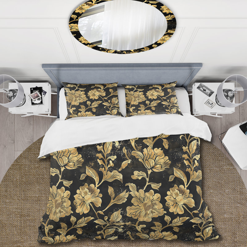 Ensemble de housse de couette damassé dorée délicate et dorée I, Housse de couette très grand + 2 taies décorativ