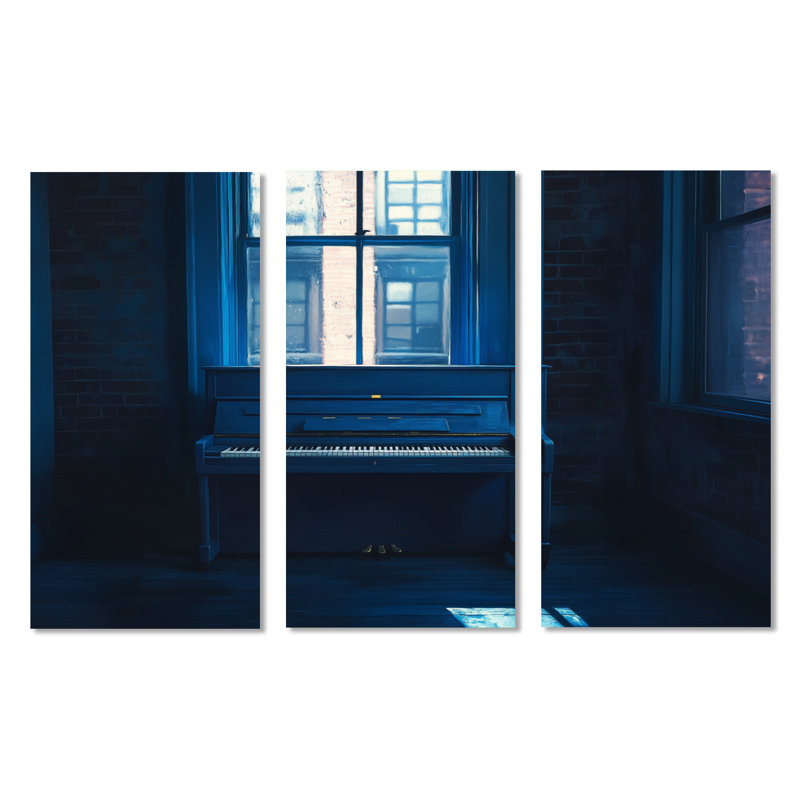 «Blue Hour Sonata», ensemble d'art mural en toile de piano sur 3, H 40 po x l 60 po, Toile tendue