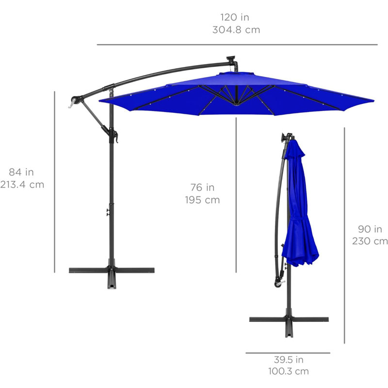 Parasol de marché à DEL 10 pi à DEL pour terrasse, piscine, jardin et inclinaison facile, abat-jour en polyester, 8 nervures - bleu ciel
