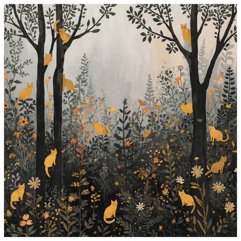 Tapisserie «Chats parmi les arbres de la forêt» - Décoration murale chats, H 50 po x l 60 po avec 4 œillets