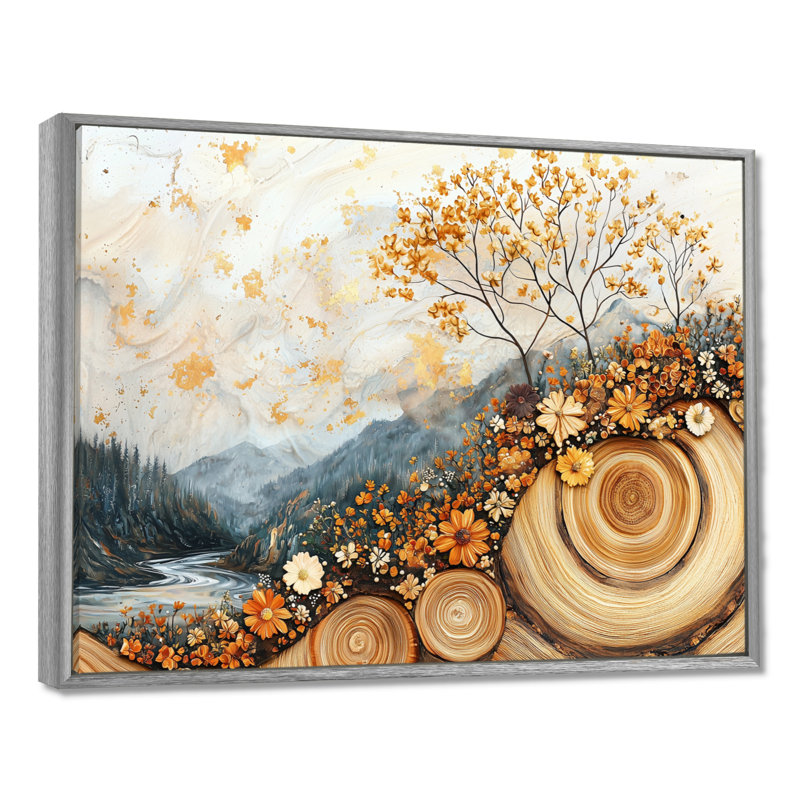 Germut fleurs d'automne brunes sur glissades sur bois II - Art mural fleurs sauvages, H 30 po x l 40 po, Cadre flottant