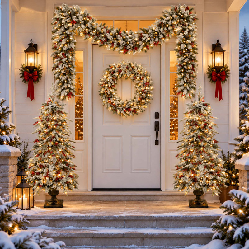 Ensemble 4 pièces d'arbre de Noël avec 2 arbres d'entrée, une couronne et une guirlande