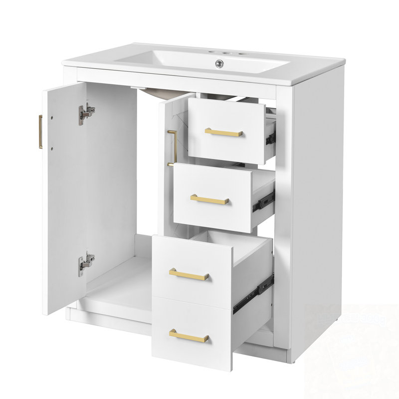 Meuble-lavabo de salle de bain avec lavabo en céramique, 3 tiroirs et portes à fermeture douce, Blanc