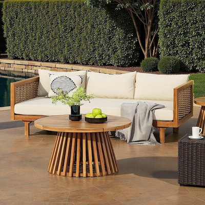Outdoor Acacia Wood Patio Set with Beige Cushions: Weather-Resistant Daybed & Coffee Table