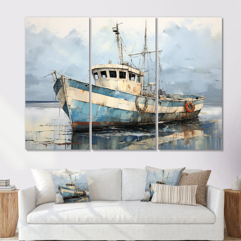 Bleu et blanc bateau de pêche I - ensemble de salon d'art mural bateau côtier, Toile tendue, H 32 po x l 48 po x P 1 po