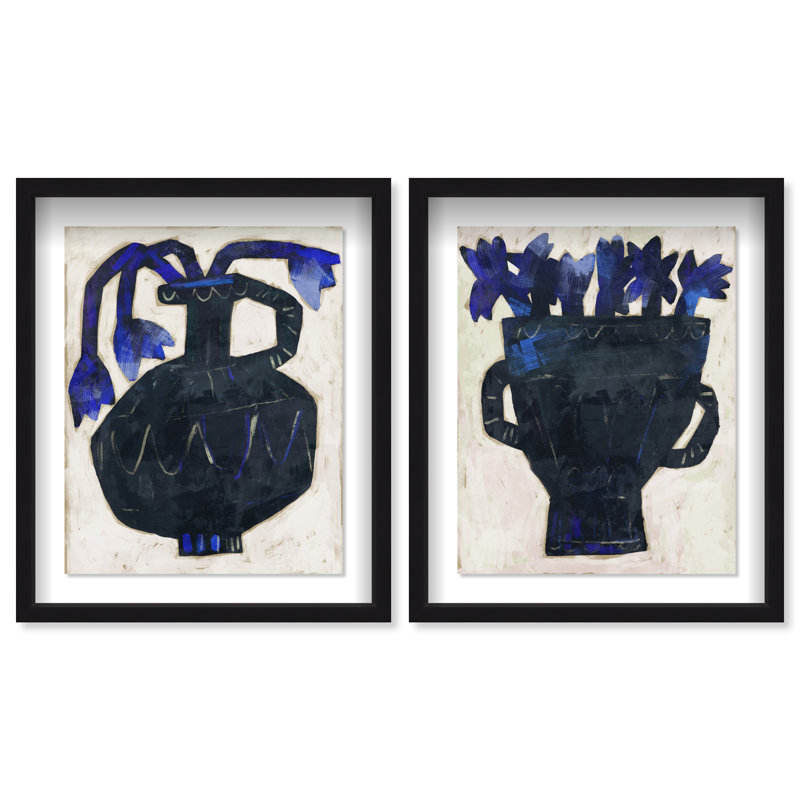 Indigo Vases Set Shadowbox Floral & Botanical Print by Oliver Gal, Black Frame, 16 x 20, 75"H x 63"W, Black Shadowbox