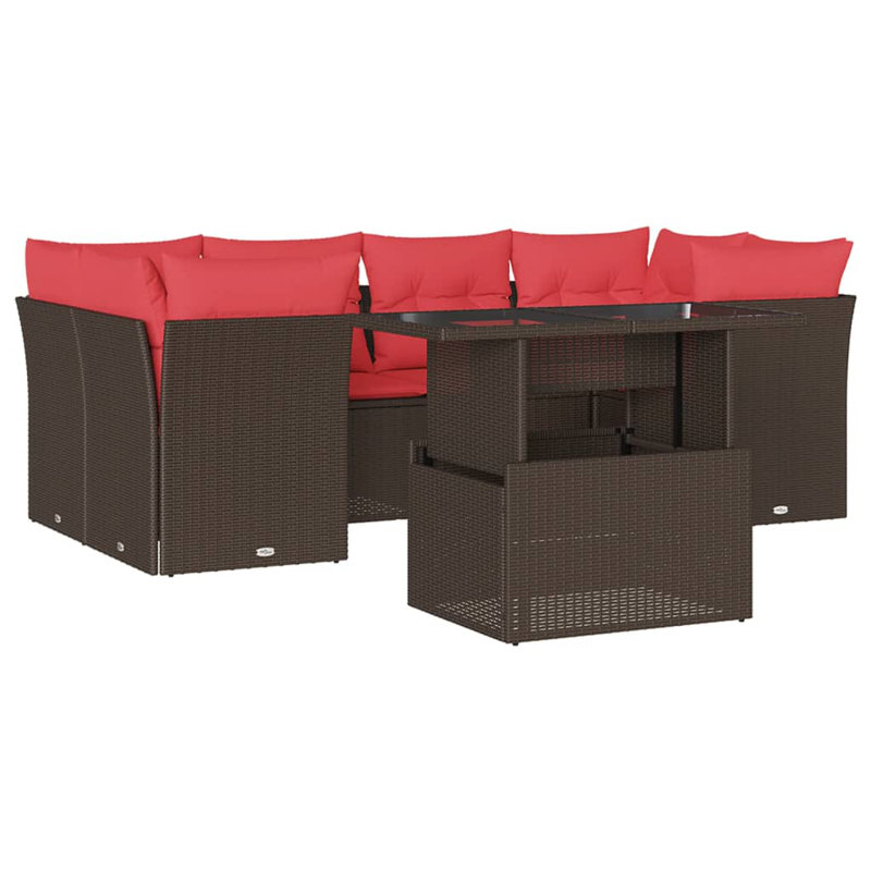 Ensemble de canapé de patio 7 pièces avec coussins en rotin de polyester, Rouge, Brun
