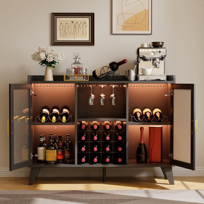 Freestanding Wine Bar Cabinet with LED Lights and Glass Holder Liquor Cabinet with Storage Shelves for Dining Room