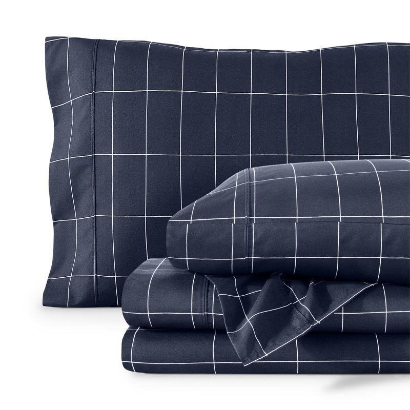 Sheet Set - Ultra-Soft Microfiber Bed Sheets - Double Brushed - Deep Pockets - Easy Fit, Grid - Midnight/White