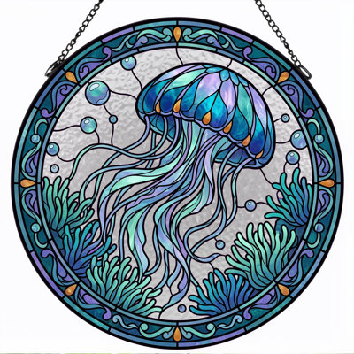 Jellyfish Art Stained Glass Window Panel，7.8H