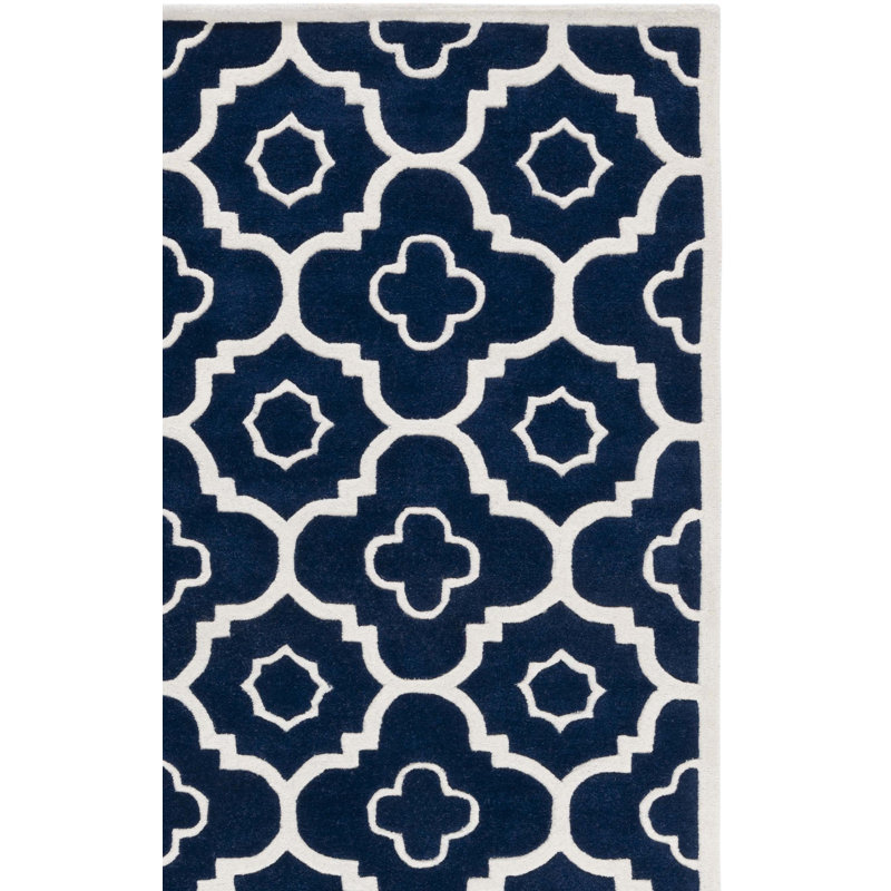 Tapis bleu foncé / ivoire en laine touffeté à la main Carolene, Rectangle 8 pi 9 po x 12 pi