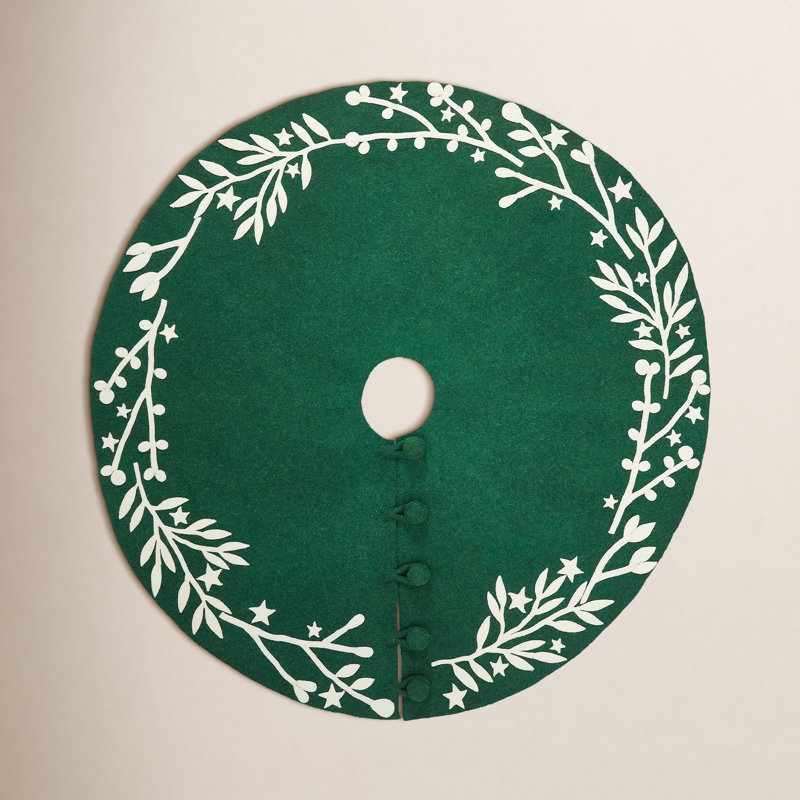 Handmade Christmas Tree Skirt in Felt - Branches and Stars on Gray, 60", Green