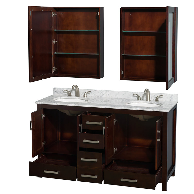 Sheffield 60" Double Bathroom Vanity Set with Mirror, White Carrara Marble, Espresso, 8" Centers