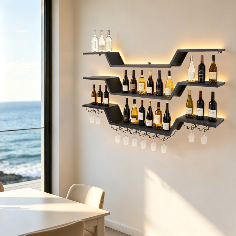 Étagère à vin murale flottante à 3 niveaux avec éclairage à DEL pour la maison, le bar et le restaurant