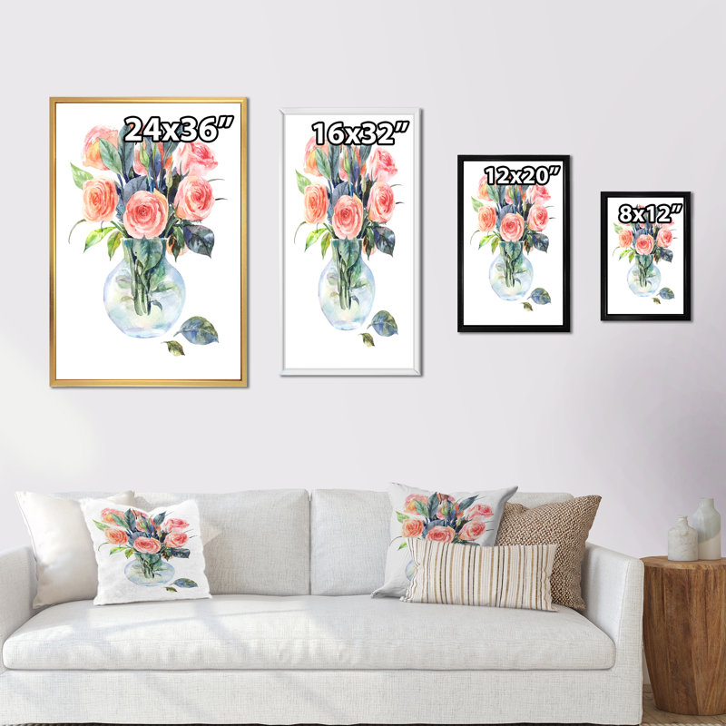 Roses roses dans un verre - peinture sur toile, H 32 po x l 16 po x P 1 po, Cadre naturel flottant