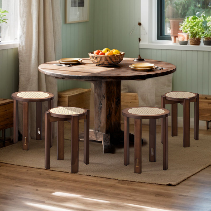 4PCS 22 In. H  Wood Nesting Bar Stool With Wicker Seat, Walnut