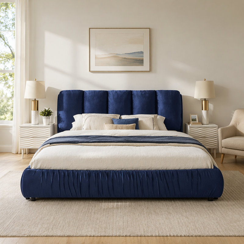 Très grande base de lit tapissier de style très minimaliste avec tête de lit éponge compressée, Bleu très foncé