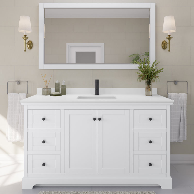 Avery Single Bathroom Vanity with Top, White Quartz, Matte Black, White