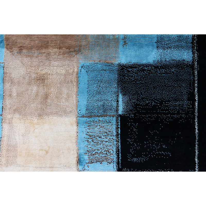 Hand Knotted Patchwork Area Rug in Black/Gray/Beige/Blue, Rectangle 9' x 12'