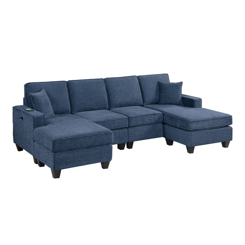 3Pc Sectional Set Dark Blue Finish Right Arm And Left Arm Chaise USB Port Armless Loveseat Plastic Legs Matching Two Pillows Primary Living Room