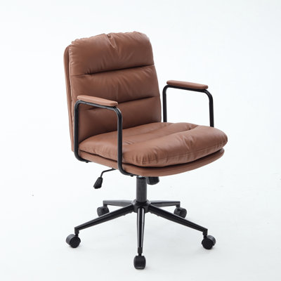 Mid Back Office Chair With 40 Reclining Back, Wheels, Arms, Ergonomic Pu Leather, 360 Swivel, Adjustable Height, Brown, Double Sponge Cushion, Good For And Living Room Use Leather Wheels Padded ,