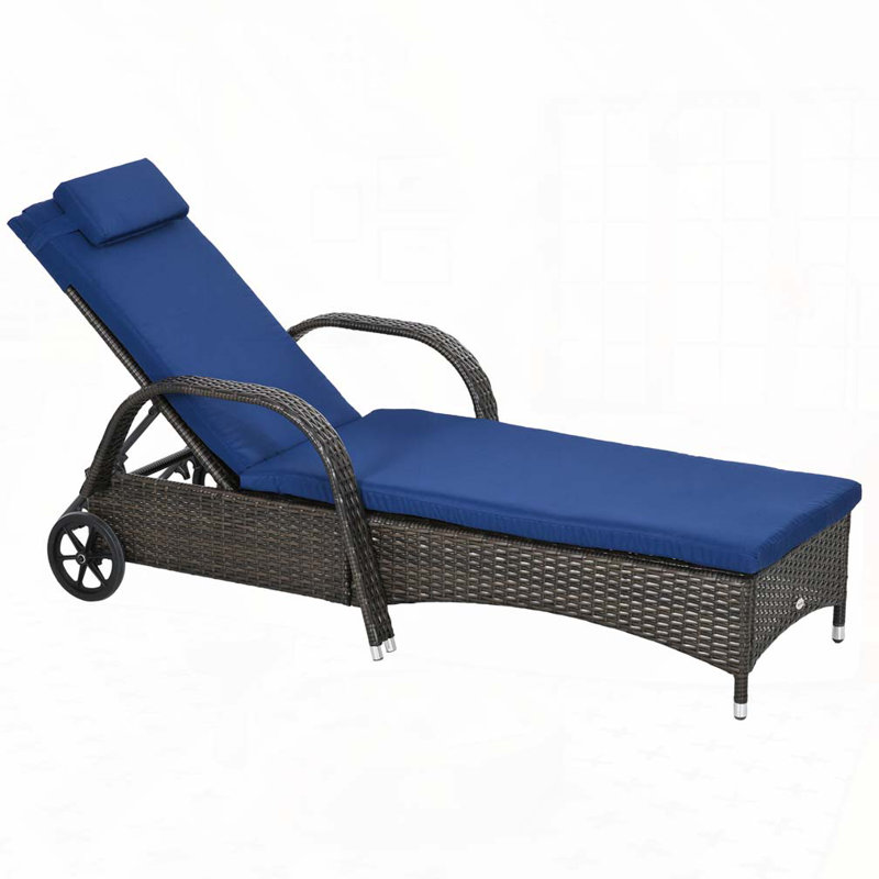 Chaise longue d'extérieur en osier de rotin en PE avec dossier réglable à 5 niveaux avec roulettes Wicker