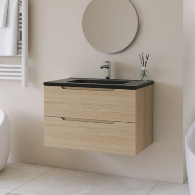 Wall Mounted Single Bathroom Vanity With Black Integrated Quartz Sand Top
