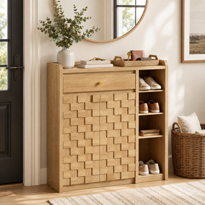 Modern Shoe Storage Cabinet with Drawer, Adjustable Shelves, and Textured Mosaic Front
