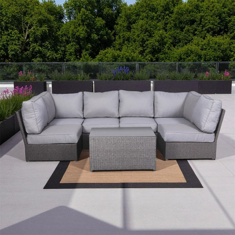 Ensemble modulaire d'extérieur en osier pour 4 personnes avec coussins entièrement assemblé, Light Gray Cushion/Gray Frame