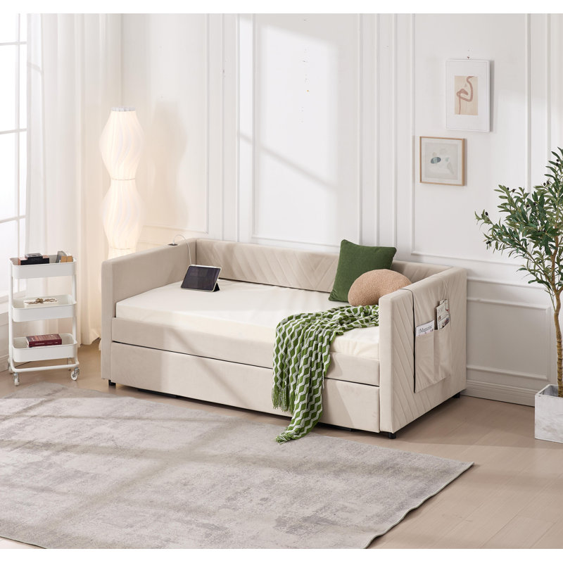 Twin Size Upholstered Daybed With Trundle,USB Port ,Side Pockets, Modern V-Grained Backrest Design,No Box Spring Needed, For Bedroom, Guest Room ( Beige, Twin)