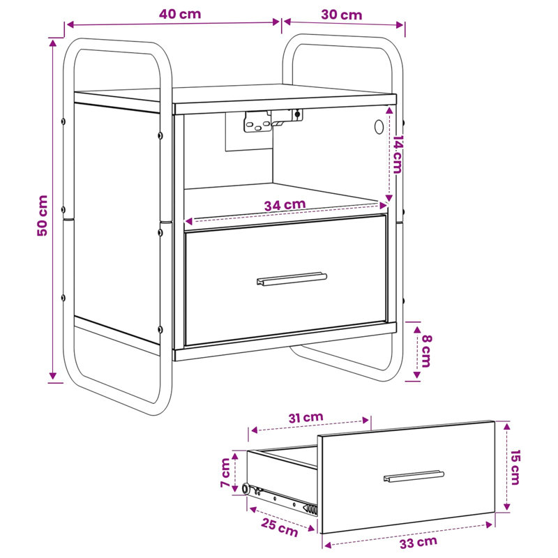 40 cm W Galvanised Steel Bedside Table, Sonoma Oak
