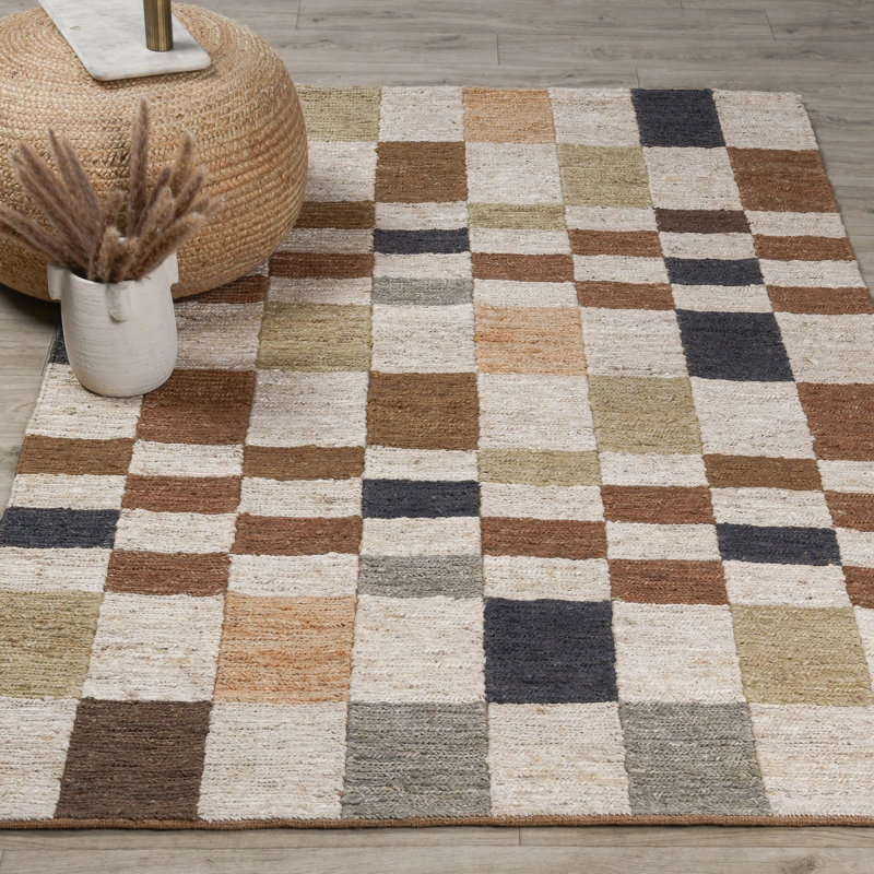 Soumak Hand Woven Jute Fabric Checkered Multi-color Rug, Rectangle 9' x 12'
