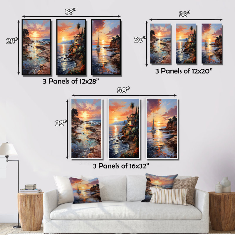 "Espagne coucher de soleil à Ibizas", 3 pièces sur toile, Toile tendue, H 20 po x l 36 po