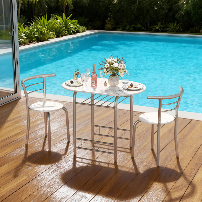 2-Person Dining Set with Storage Shelf, Space-Saving Design, White/Silver