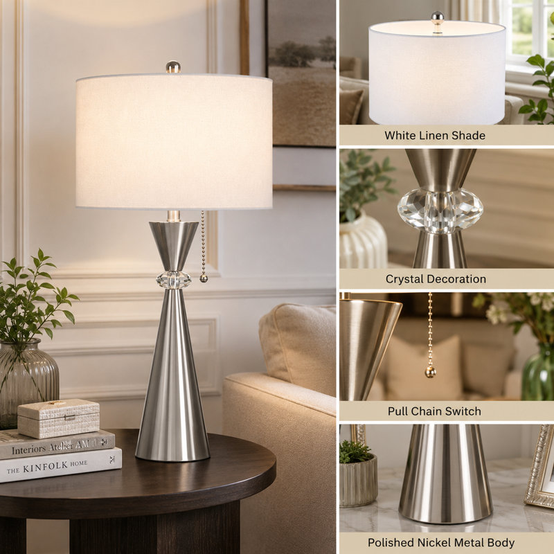 Warrnambool 28" Modern Glam Metal Table Lamp with USB Port, Polished Nickel