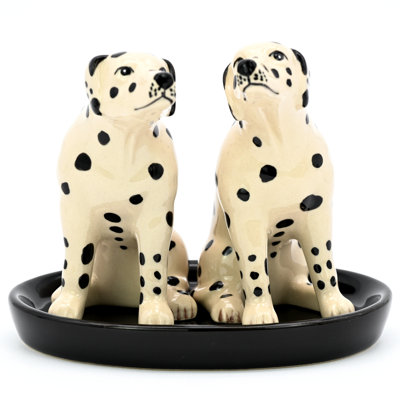 SALT AND PEPPER SHAKER Dalmatian and black ceramic tray
