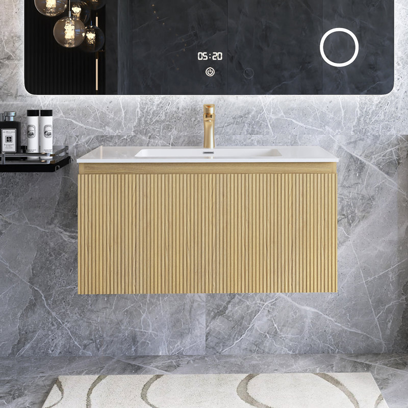 Meuble-lavabo mural moderne à rayures avec lavabo et tiroir à fermeture en douceur, 35"