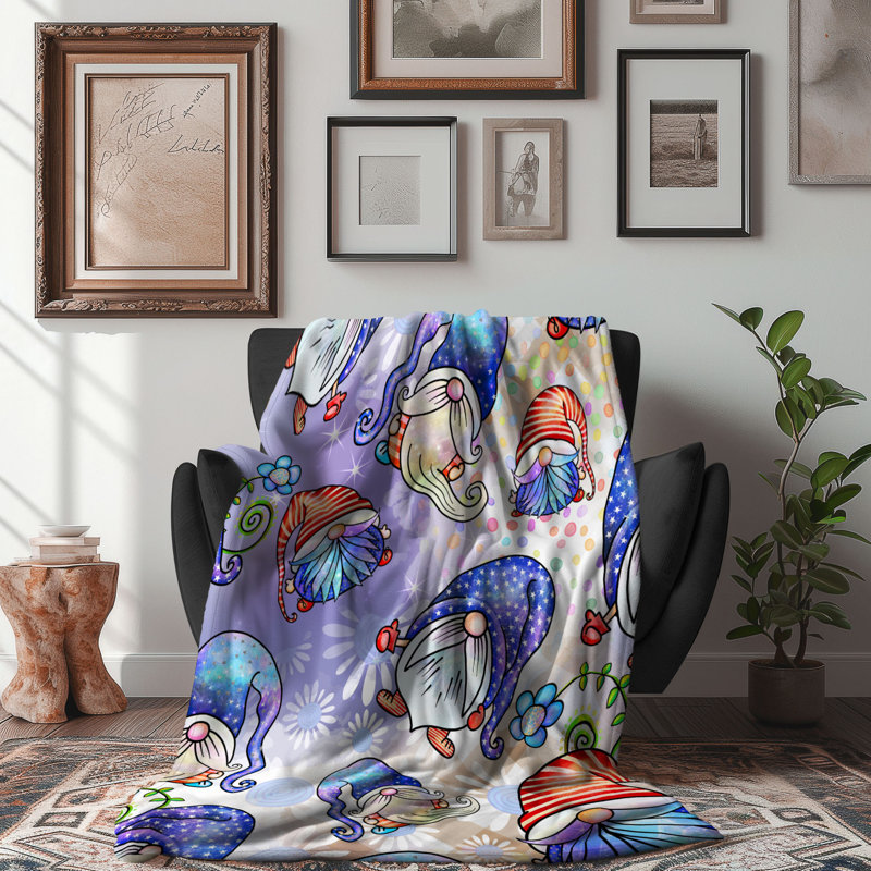 Motif Groovy - 1 pièce Sherpa Premium, Lit simple, Bleu foncé / mauve / pois rouges / abstrait