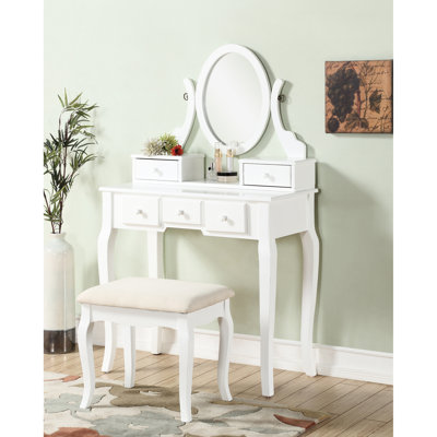 White Vanity Table And Stool By Wood - Adjustable Oval Mirror & 5 Drawers For Cosmetics Storage Makeup , Accessories