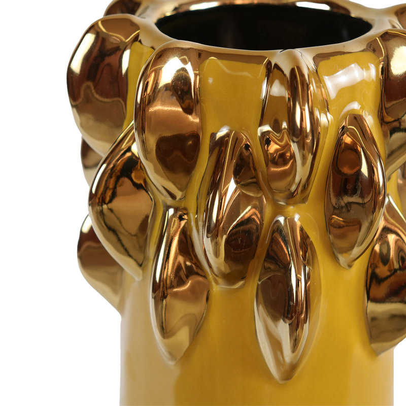 Alesea Handmade Ceramic Yellow Table Vase for Living Room Decoration, Modern Vase with Chunky Gold Design