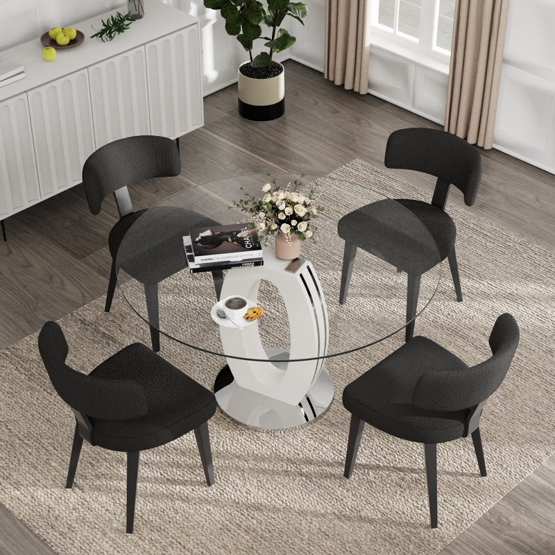 Ensemble de salle à manger à piédestal, table de salle à manger ronde 47 po et chaises Teddy, 5, Argenté / Noir, Blanc