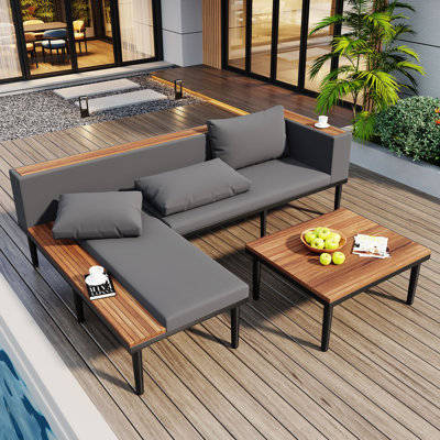 Acacia Wood L-Shaped Patio Sofa Set with Coffee Table and Thick Cushions