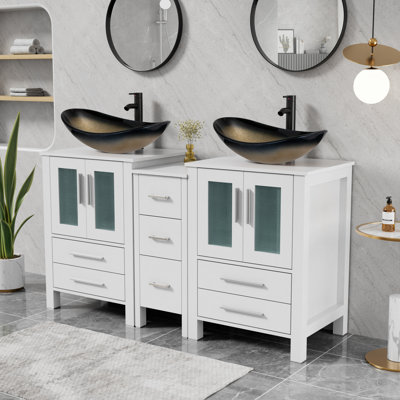 Ensemble de meuble-lavabo à double cuve 60 "avec lavabo vasque, plateau en bois manufacturé, robinet et bonde Sharee