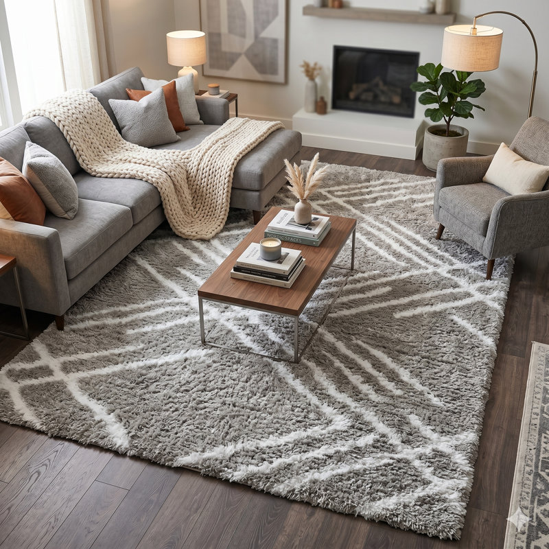 Tapis gris à motif géométrique Arlie, Rectangle 6 pi 7 po x 9 pi 6 po