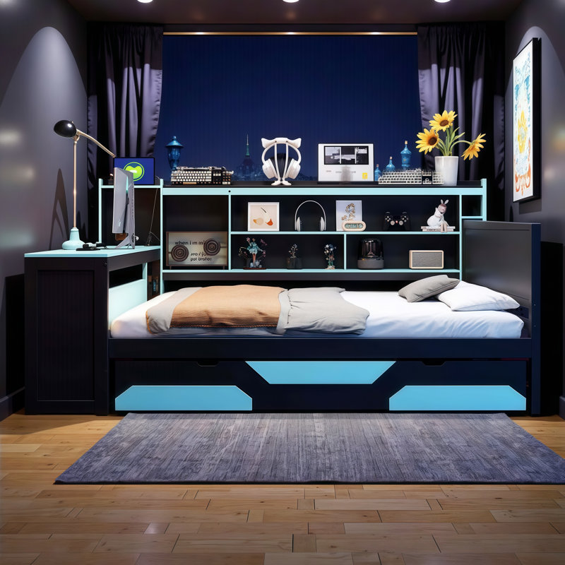 Queen Gaming Daybed with Built-in Desk, LED Lights, Charging Station & 3 Storage Drawers - Multi-Functional Design, Queen