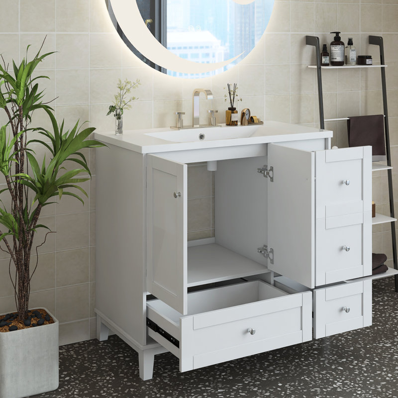 36 po X P 18 po P x 34 po Meuble-lavabo autoportant à simple cuve H avec plateau en marbre de culture blanc, Blanc